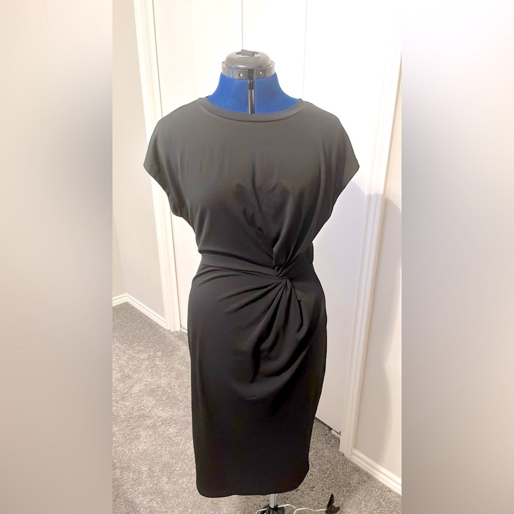 Adibosy Black Tie Front Midi Dress with Cap Dolman Sleeves | LBD - Picture 2 of 12